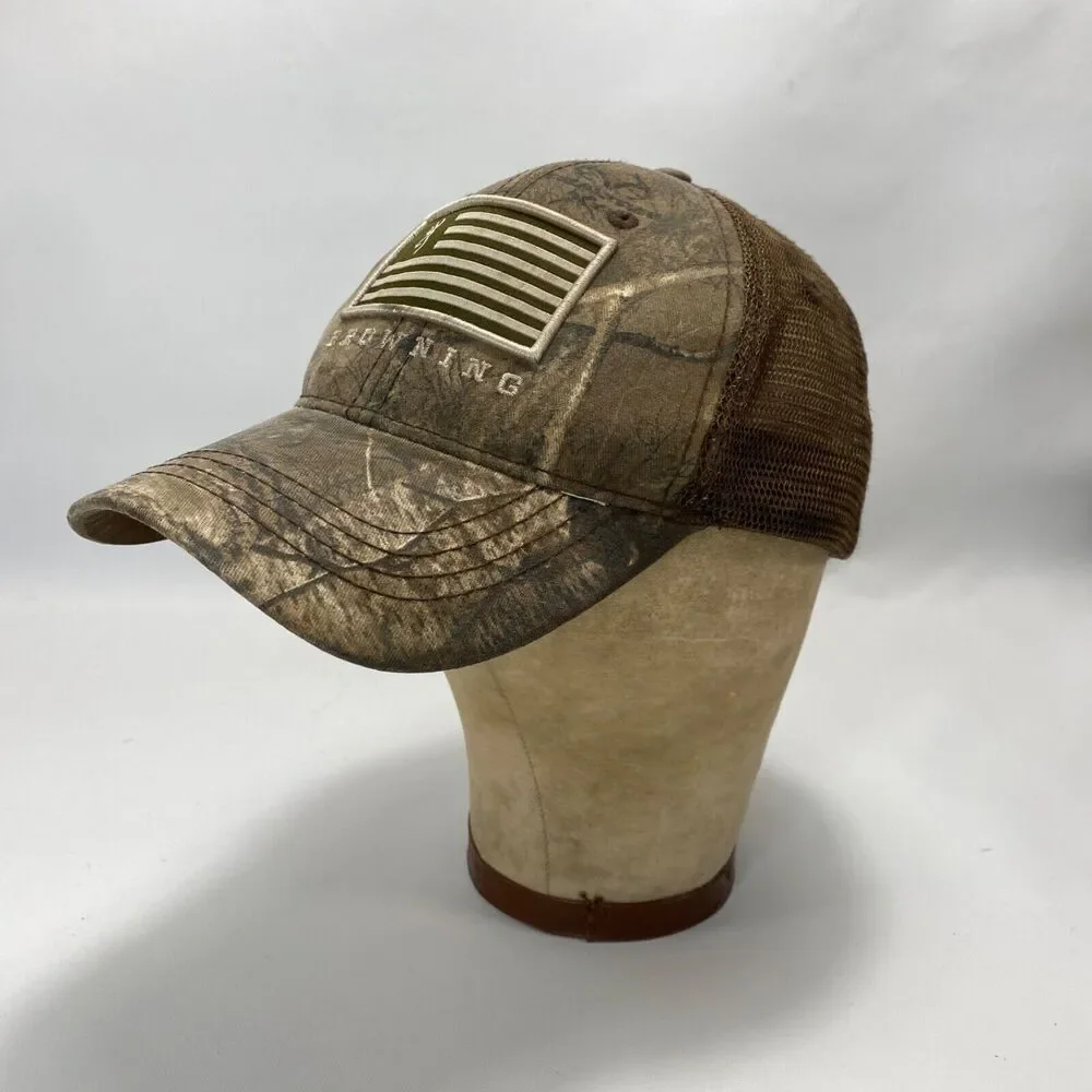 Browning Realtree Mens Cap Hat Brown Camouflage Hunt Outdoor Mesh Snap Back Flag